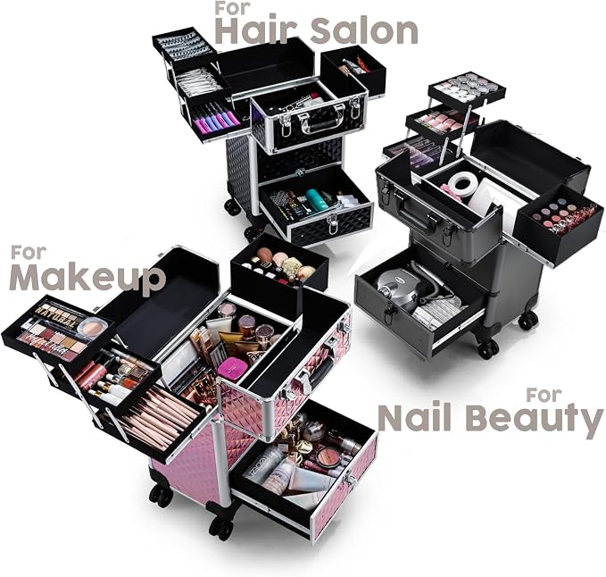 Hododou Rolling Makeup Case Cosmetic Travel Trolley Storage Sliding Drawer 4 Tray Makeup Travel Case with Wheels Salon Barber Case Traveling Cart Trunk for Cosmetologist Nail Tech Hairstylist Grey - Image 2