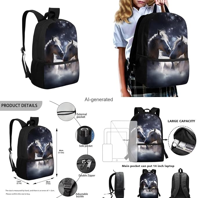 Galaxy Horse Backpack for Girls Boys Backpack with Lunch Box Water Bottle Bag and Big Pencil Pouch 4PCS Set Soft Bookbag with Front Pocket for School Teens 17 inch Sturdy School Bag for Kids - Image 3