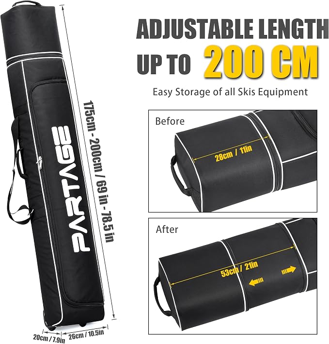 Partage Ski Bag - Ski Bag with Wheels Waterproof Ski Travel Bag Ski Boot Bag 600D Heavy Duty Oxford Fabric - Adjustable Length Up to 200cm Easy to Store and Transport Suitable for Men Women - Image 2