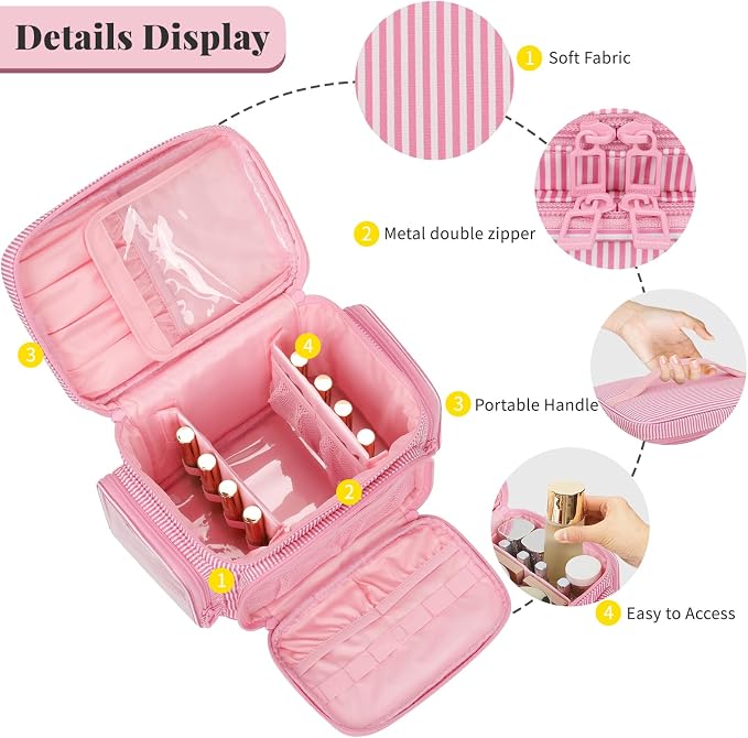 Large Makeup Bag, Portable Travel Makeup Bag Organizer for Women Girls with Makeup Brush Compartment & Two Side Pockets, Cosmetic Travel Bag Vertical Storage Toiletry Bag - Pink Stripe - Image 2