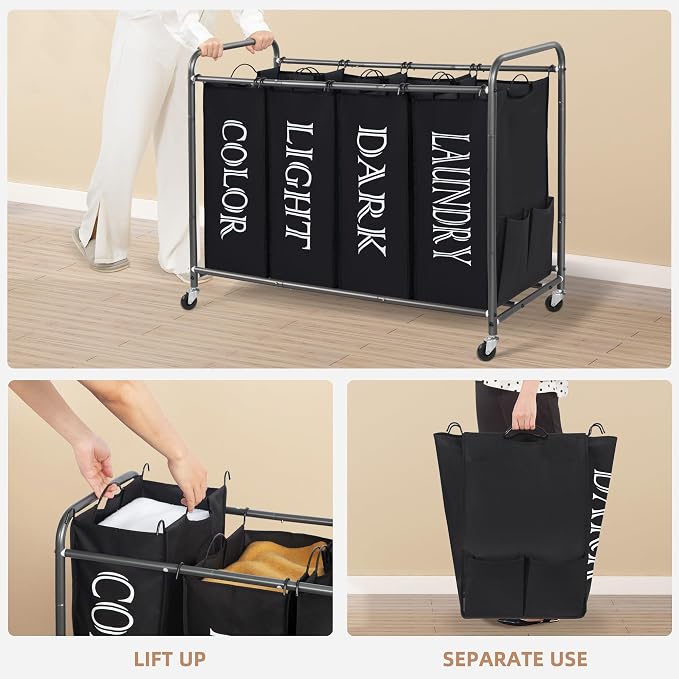 STORAGE MANIAC Laundry Sorter 4 Section, 47.5 Gal (180 L) Laundry Hamper with Wheels, Clothes Divider Basket Sorter, Separator Hamper Cart with Removable Bags, Label Black - Image 4