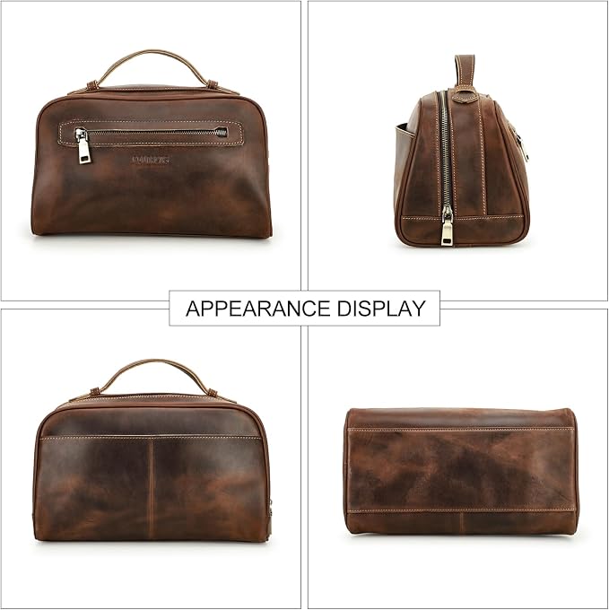 Contacts Full Grain Leather Travel Toiletry Bag for Men Wash Bag Bathroom Shaving Dopp Kit Toiletries Organizer Vintage Cosmetic Bag - Image 9