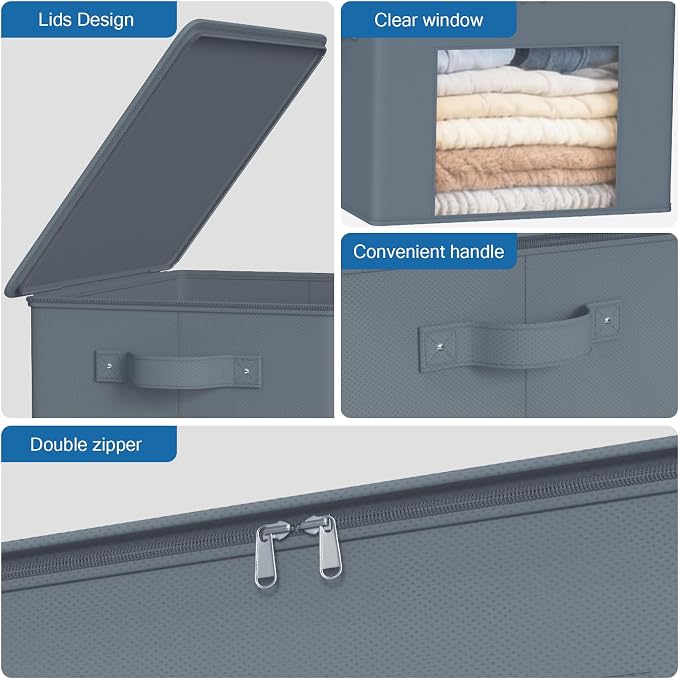 Zilink Fabric Foldable Storage Boxes with Lid 4-Pack Stackable Storage Bins with Zipper & Clear Window Fabric Closet Containers and Organizers for Home, Office, Bedroom (Grey,17" x 12" x 12") - Image 3