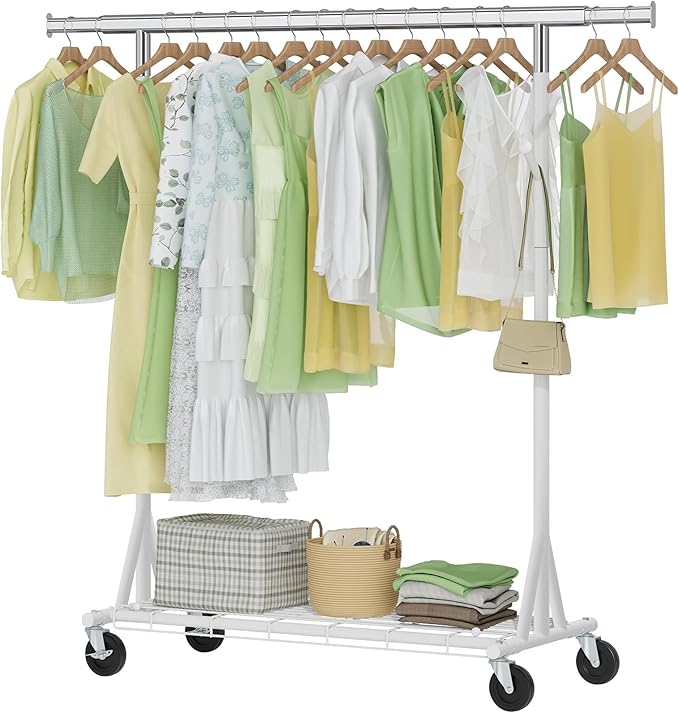 Hoctieon 1-Minute Assembly Clothes Rack, 480 lbs Heavy Duty Rolling Clothing Racks with Wheels, Foldable Garment Rack, Extendable Hanging Bar, Adjustable Metal Pole with Hooks, White by Hoctieon
