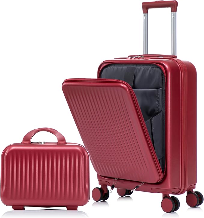 Gradient Color Suitcase 2-Piece Set, 20" Rotating Wheel Suitcase with 14" Cosmetic Case, Lightweight Durable Hardshell Luggage with 360° Spinner Wheels for Travel, Women & Girls (Red) by Unknown