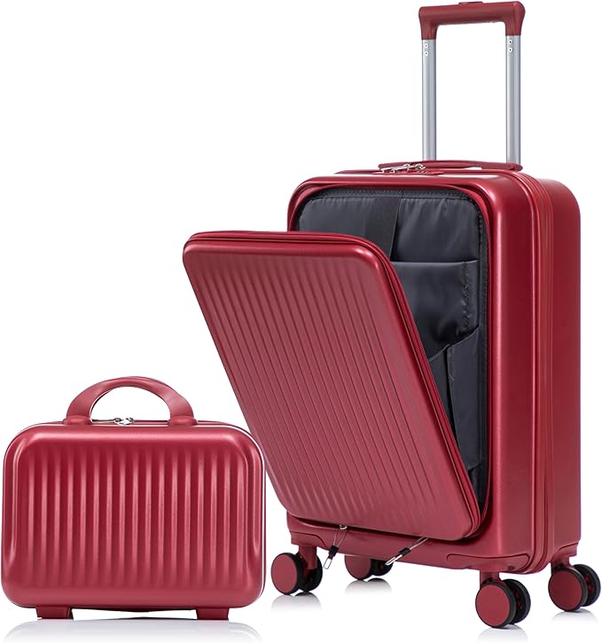 2 Pcs ABS Spinner Luggage Set - 14" Cosmetic Case & 20" Carry-On with Combination Lock, Front Opening Design, Red by LUCCALILY
