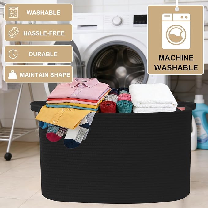 96L Extra Large Black Cotton Rope Laundry Basket with Sturdy Handle | 24x16x15 Foldable Rectangular Blanket Basket for Toys, Clothes & Pillows,Ideal for Nursery, Bathroom, Bedroom, Living Room - Image 7