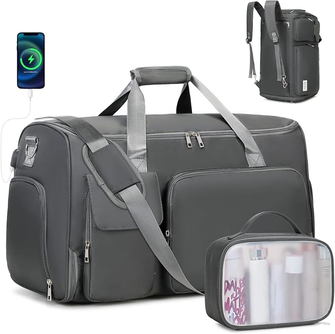 ACESAK Garment Bags for Travel, 2 in 1 Convertible Carry On Duffle Bag Suit Bags Foldable Backpacks with Shoe Compartment & Toiletry Bag, Hanging Bags for Clothes Dress Suit for Men Women Gift (Grey) by ACESAK