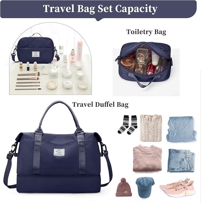 Weekender Bags for Women,Personal Item Travel Bag with Shoes Compartment,Overnight Travel Duffel Bag with Quilted Toiletry Bag,Dark Blue - Image 2
