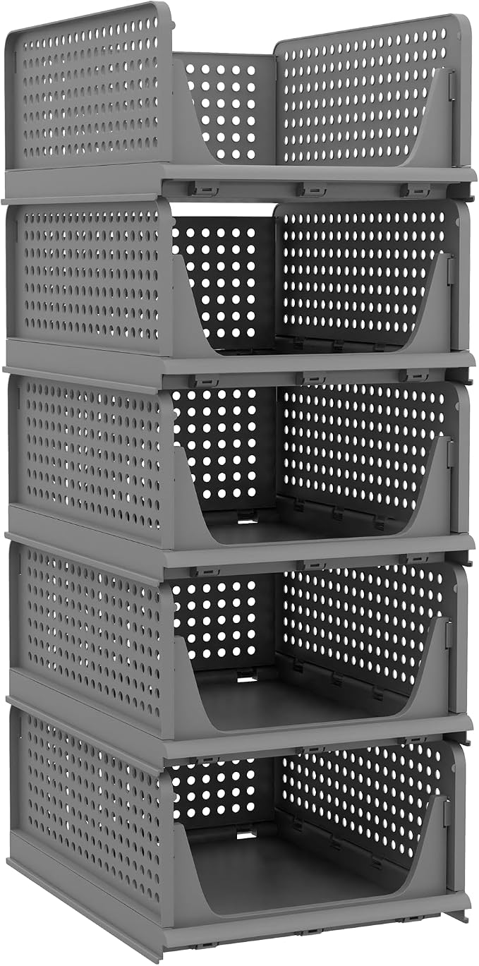 Pinkpum 5 Pack Folding Closet Organizers - Stackable Plastic Drawer Basket for Clothing, Shelf Storage Container for Closet, Wardrobe, Bedroom, Bathroom, Office (Black) by Pinkpum