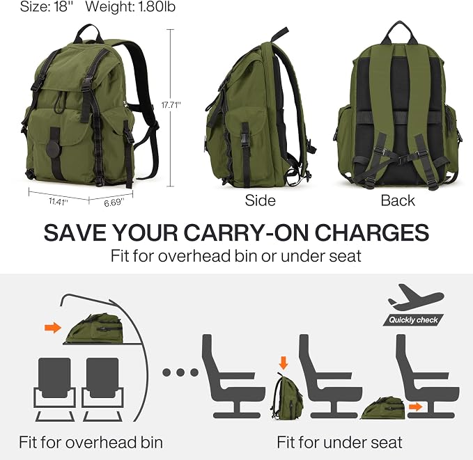 mixi Travel Backpack for Women Men, 18 Inch Carry On Laptop Backpack Flight Approved fits 16'' Laptop, Lightweight Waterproof Hiking Backpack Travel Outdoor Business Casual Daypack, Jungle Green - Image 5