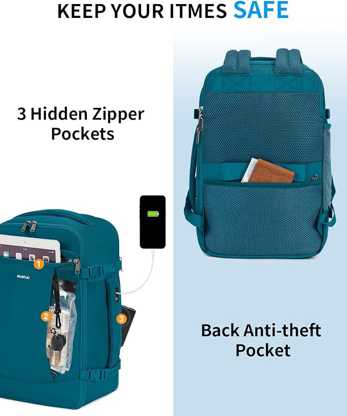 ECOHUB Travel Backpack for Men Women, Carry on Backpack with USB Charging Hole, Spirit Airlines Personal Item Bag Flight Approved, 15.6 Inch Laptop Backpack with Anti Theft Pockets, 30L, Blue Green - Image 5