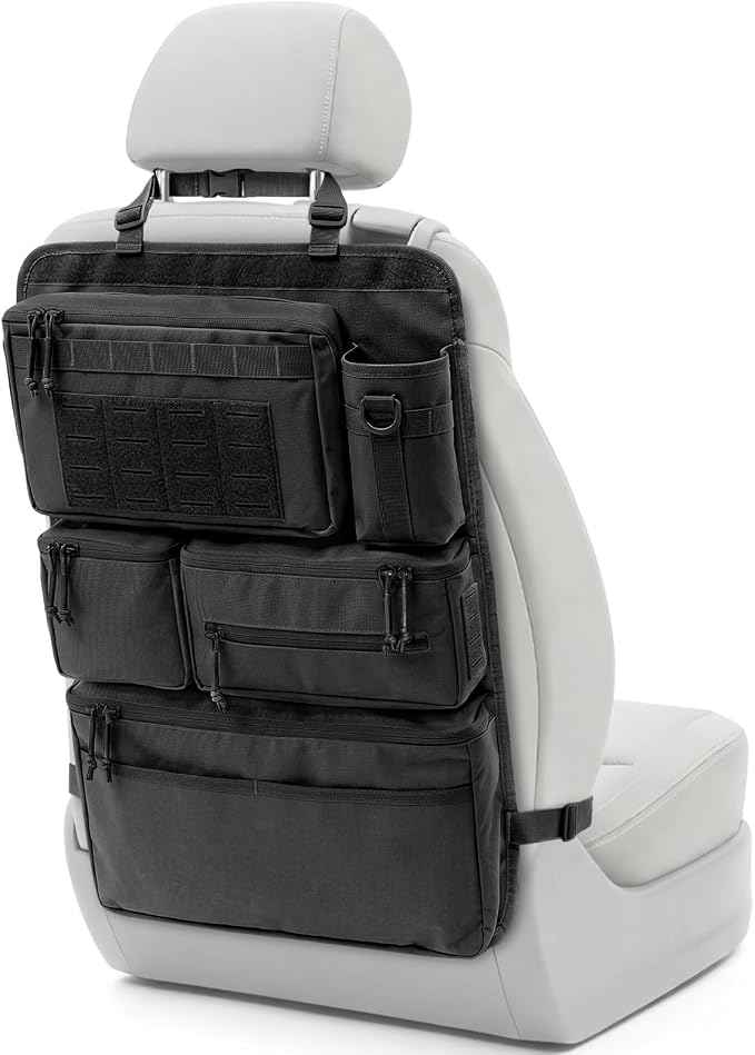 All in One Car Seat Back Organizer Fit Most Cars SUV Trucks Jeeps | Heavy Duty Molle Panel Seat Back Protector with Multi-Pockets Storage, for Tools, Toys, Camping, Travel, Daily Commuting by PITOZER
