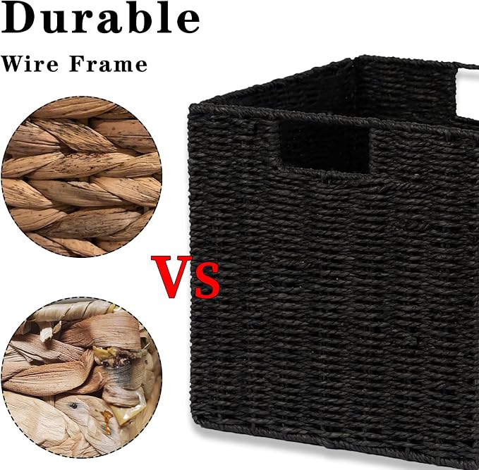 Vagusicc Wicker Storage Basket, Set of 2 Hand-Woven Wicker Basket, Foldable Cube Storage Bin, Black Storage Basket, Square Storage Baskets for Organizing Shelves & Decor, Black (11″×11″×11″) - Image 3