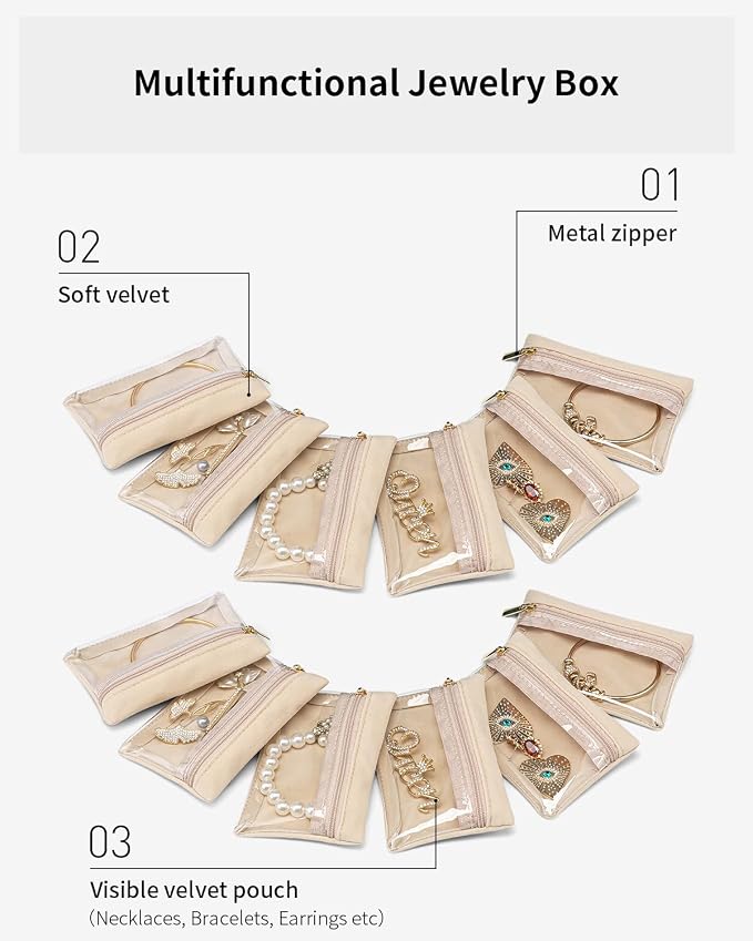 VLANDO 12 Pcs Travel Jewelry Organizer Velvet Jewelry Pouch with Zipper Clear Travel Jewelry Bag for Travel Business Trip Mother‘s Day Gift for Mom Wife Women - Image 4