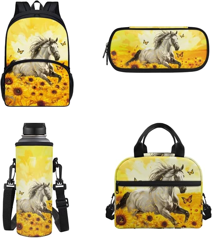 POLERO Sunflower Horse Backpack with Lunch Box for Girls Kids Pencil Case Water Bottle Holder School Bag Set for First Grade - Image 2