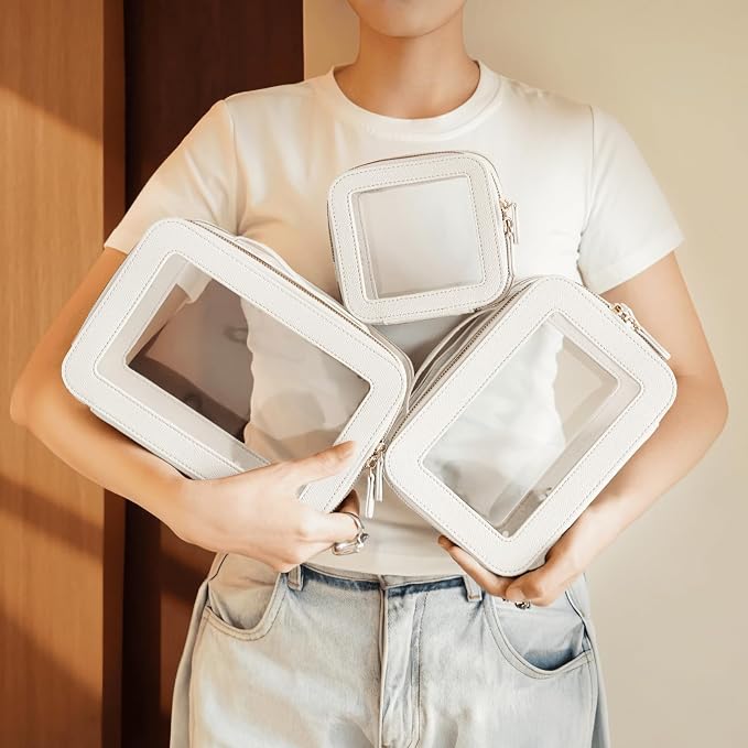 Clear Cosmetic Bag Set for Women Makeup Bag with Handle, 3 Pcs Travel Toiletry Bag Transparent Cosmetic Case Portable Make Up Organizer Bag for Essentials (White, Mini+S+L) - Image 4