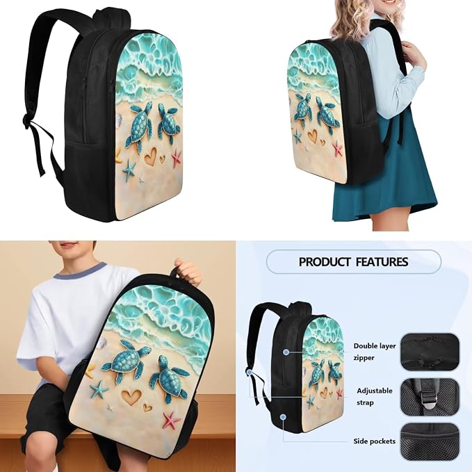 School Backpack Set, Sea Turtle Starfish Print Portable School Bags with Water Bottle Carrier Lunch Boxes Pencil Cases for Teens Student Bag Daypack Set 4 in 1 - Image 3
