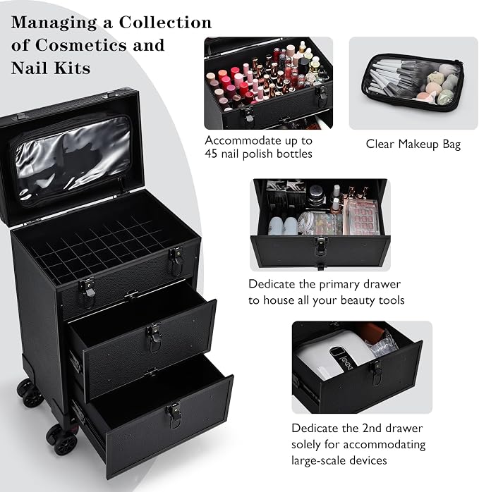Faquenc Rolling Makeup Train Case with 2 Extra Large Drawers Nail Organizer Case with Wheels Traveling Cosmetology Case with Makeup Pouch for Mobile Stylist Artists Nail Salon Cart Trunk Black - Image 7