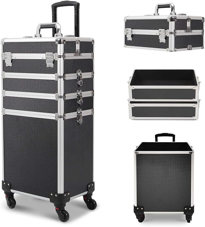 4 in 1 Rolling Makeup Train Case, Large Storage Cosmetic Trolley Makeup Travel Case with Key & Wheels Salon Barber Case Traveling Cart Trunk (Black) (0057) by CAMORSA