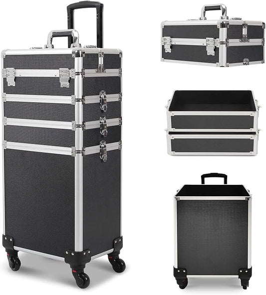 4 in 1 Rolling Makeup Train Case, Large Storage Cosmetic Trolley Makeup Travel Case with Key & Wheels Salon Barber Case Traveling Cart Trunk (Black) (0057) by CAMORSA