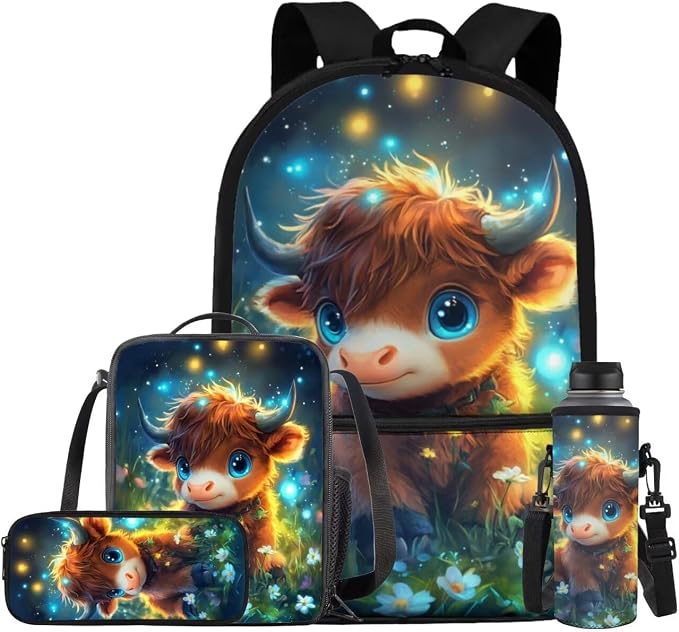 Cute Highland Cow Backpack for Girls Kids Backpack with Lunch Box Water Bottle Holder and Soft Pencil Case 4 PCS Set Sturdy Bookbag with Front Pocket 17 inch Lightweight Elementary School Bag by ELEDIZI
