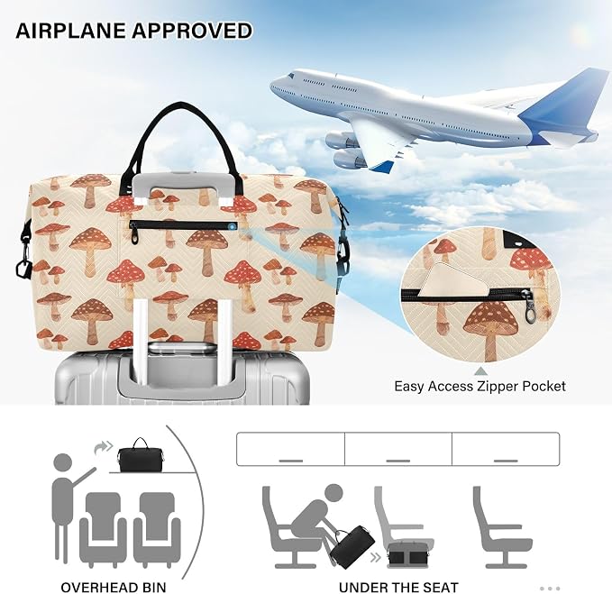 Weekender Bags Travel Duffel Gym Bag Mushrooms Retro Carry on Overnight Tote Bag with Toiletry Bag for Airplane Travel Trip Gym Yoga - Image 5
