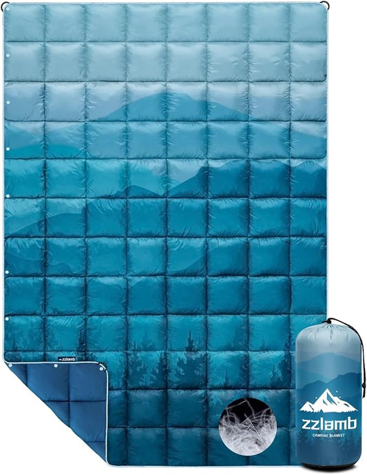 zzlamb Puffy Down Camping Blanket Water-Repellent, Down Throw Travel Blanket Portable for Outdoor, Light Warm Quilt for Couch Plane Car Theater Stadium Picnic RV Backpacking Hammock by zzlamb