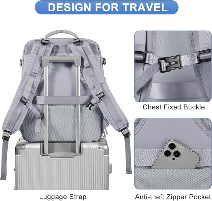 Grey Travel Backpack - Carry On Flight Approved Mochila De Viaje Personal Item - Large Backpack for Men & Women - 18x14x8 Inches - Image 7
