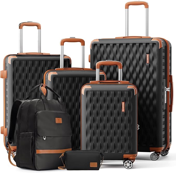 Melalenia Suitcase Sets 6 Piece Hard Shell Carry on Luggage with Spinner Wheels and TSA Lock, Lightweight Travel Backpack for Women, Men, Black Brown by Melalenia