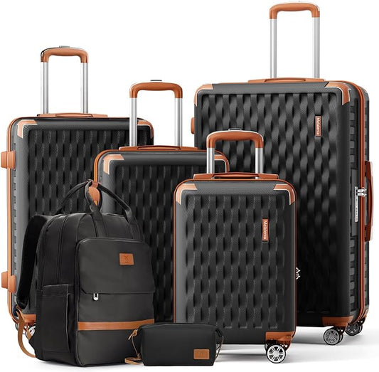 Melalenia Suitcase Sets 6 Piece Hard Shell Carry on Luggage with Spinner Wheels and TSA Lock, Lightweight Travel Backpack for Women, Men, Black Brown by Melalenia