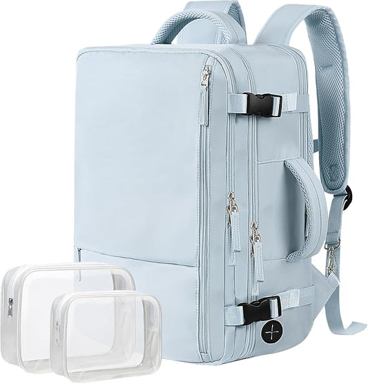 Hanples Large Travel Backpack for Women, 35L Carry on Luggage Backpack,17 Inch Laptop Backpack with USB Charging Port, Waterproof Casual Bag Gift for Men with 2 Toiletry Bags (Light Blue) | 35L Carry on Backpack, TSA Flight Approved Anti Theft Travel B... by Hanples