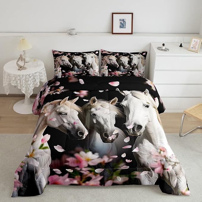 Erosebridal Kids Horse Bedding Set Chic Cherry Blossom Bedding Comforter Set for Girls Teens Galloping Horse Printed Comforter 3D Wild Animal Duvet Set Bedroom Decor Quilt Set 2Pcs Twin Size - Image 2