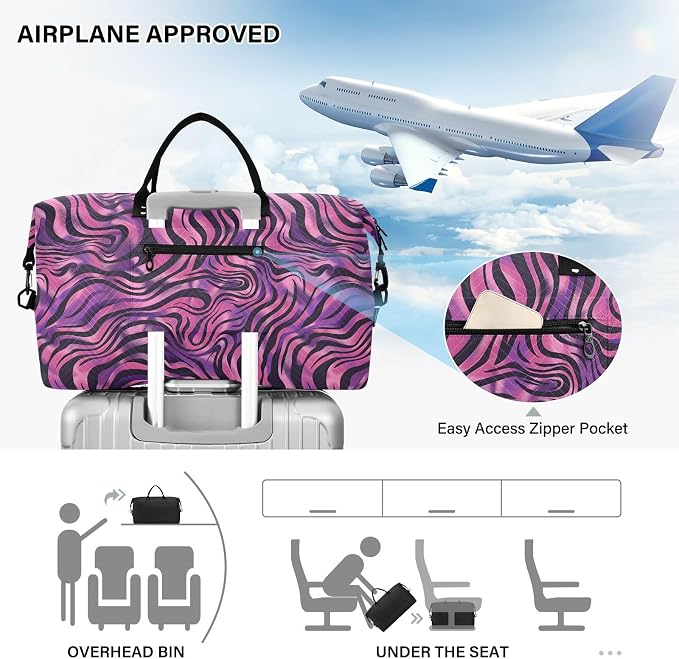 Weekender Bags Travel Duffel Gym Bag Zebra Print Purple Carry on Overnight Tote Bag with Toiletry Bag for Airplane Travel Trip Gym Yoga - Image 5