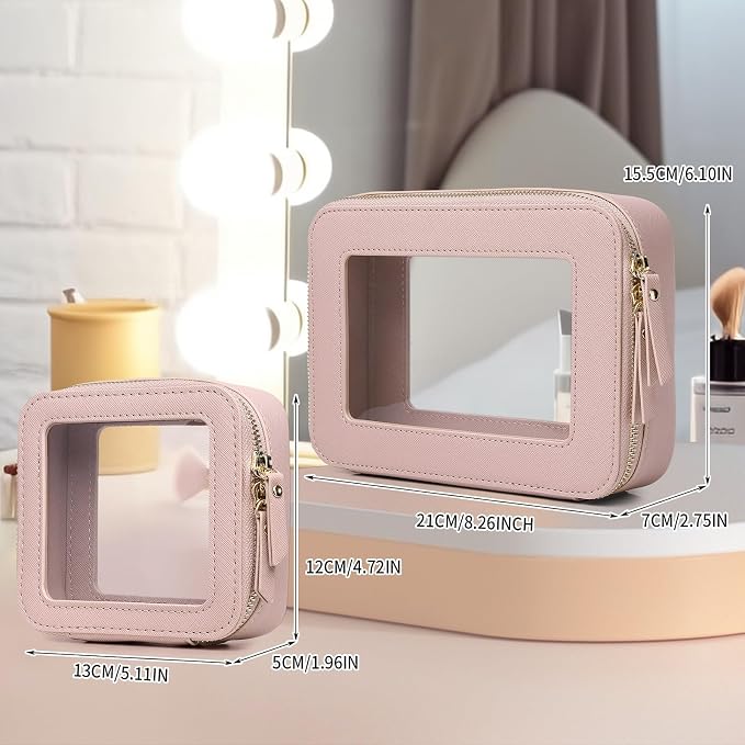 Pinkmik Clear Makeup Bag Waterproof Travel Case for Cosmetics and Toiletries Women's Purse Organizer and Clear Car Bag with Zipper (Pink, M+MINI) - Image 4