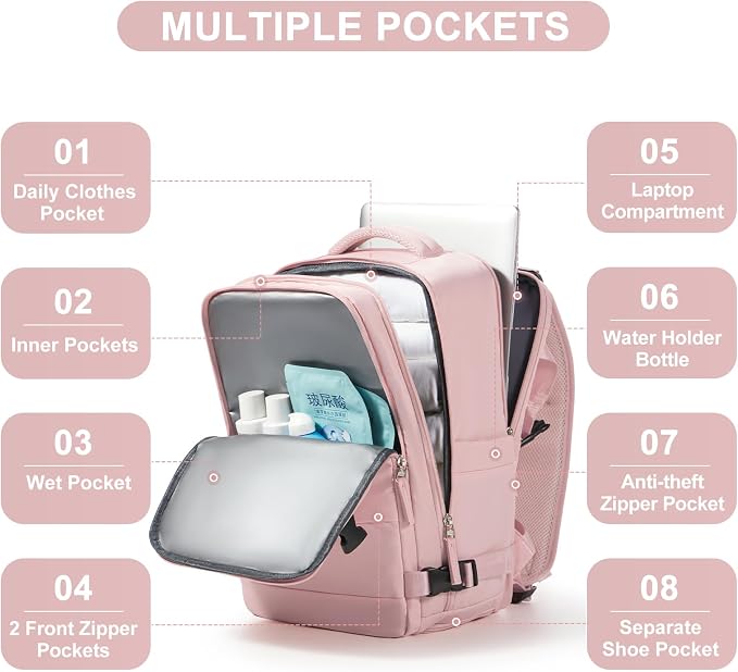 Travel Backpack for Women Airline Approved Carry on Backpack for Airplanes Mochila De Viaje Personal Item Travel Bag Spirit Airlines Personal Item Bag 18x14x8 Backpack for Traveling on Airplane Pink - Image 4