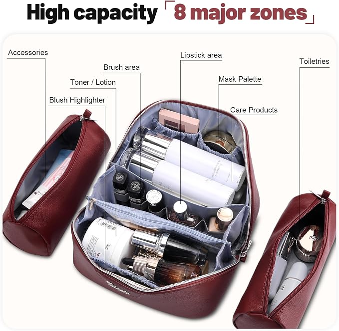 BOYATU Travel Makeup Bag Cosmetic Bags for Women: Large Capacity 3 Pcs Set Make up Bag with Compartments - Waterproof Vegan Leather Toiletry Organizer Bags with Handle (L29Red) - Image 4