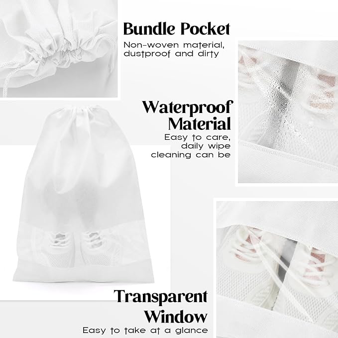 Shappy 50 Pcs White Travel Shoe Bags Non Woven Packing Drawstring Sacks Clear Window Large Storage Pouch Organizer for Men Women - Image 3