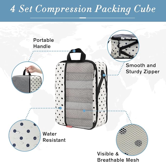 U+U 4 Set Compression Packing Cubes - Ultralight Travel Organizers, Space-Saving Suitcase Organizer, Expandable Packing Organizers for Travel Essentials (Polka Dot) - Image 2
