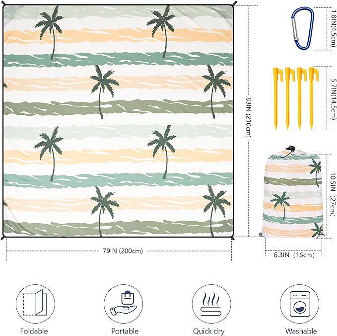 HIHOHO Beach Blanket Waterproof Sandproof Beach Mat 79”x 83” for 1-8 Adults Quick Drying Durable Outdoor Picnic Mat for Beach Festival Travel Camping Hiking (Stripes Cocotree-YL&GN, 79"×83"(4 Person)) - Image 3