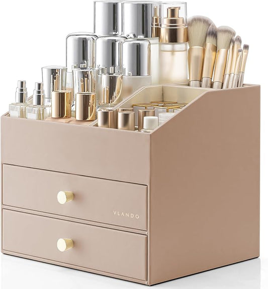 VLANDO Makeup Organizer for Vanity,Large Capacity Countertop Organizer with Drawers, PU Leather Cosmetic Display Case for Lipstick,Brushes,Skincare,Bedroom Storage (Toffee) by VLANDO