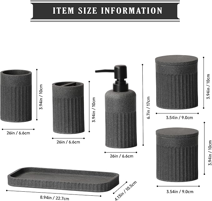 INIUNIK Bathroom Accessory Set - 6 Pieces Bathroom Accessories Set Complete with Soap Dispenser, Toothbrush Holders, Tumbler, Vanity Tray and 2 Qtip Holder for Home Organizer and Decor, Dark Grey - Image 5
