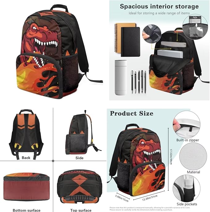 Flame Red Dinosaur SchoolBags for Boys 7-10 Kids Backpack and Lunch Box Set for Elementary Preschool Student with Zipper Pencil Case Water Bottle Sleeve Lightweight Bookbags School Supplies - Image 7