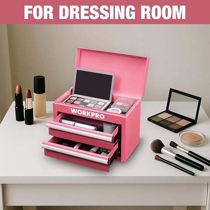 WORKPRO Metal Mini Tool Box with 2 Drawers and Top Storage | Cold Rolled Steel Toolbox, Ball Bearing Slides, PVC Drawer Liners, PP Feet Pads, Durable Storage - Image 7