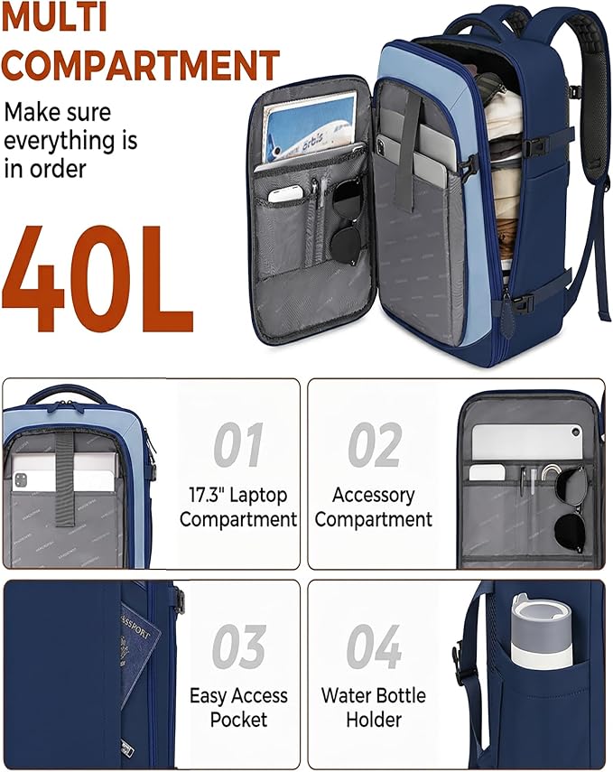 Vancropak 40L Carry On Travel Backpack, Flight Approved Expandable Weekender Bag with 3 Packing Cubes, Suitcase Backpack Fits 17" Laptop, Water Resistant Anti Theft Daypack Bag for Men Women, Blue - Image 2
