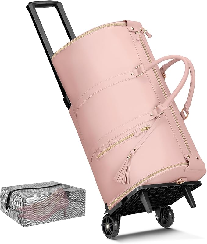 Ytonet Rolling Garment Bags for Travel, Convertible Carry On PU Leather Travel Bag 2.0 Roller Edition, 3 in 1 Suit Garment Duffle Bag with Wheels and Shoe Pouch for Business Wedding Overnight, Pink by YTONET