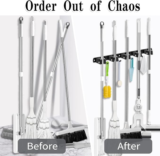 Black 5 Racks and 4 Hooks Mop and Broom Holder Wall Mount, Broom Organizer Storage Tool Racks Stainless Steel Heavy Duty Hooks Self Adhesive Solid Non-slip for Home Kitchen Garden Laundry Garage - Image 5