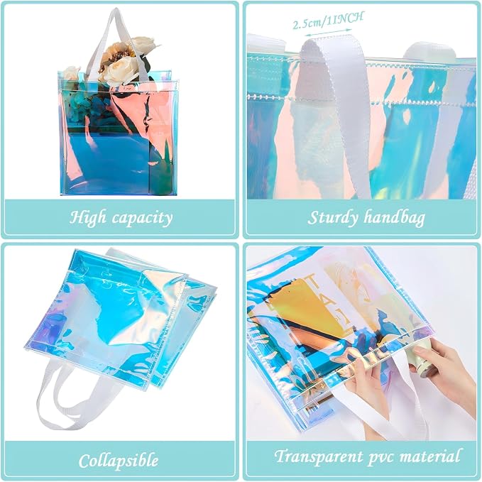 Saintrygo 20 Pack Clear Tote Bags Bulk 12 x 12 x 6 PVC Plastic Tote Bag with Handles for Stadium Work Beach Sports(Laser Color) - Image 5
