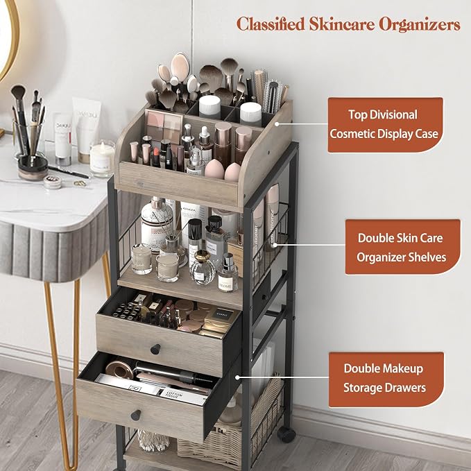 Makeup Organizer, Floor Skincare Organizers Make Up Organizers and Storage with Drawers, Vanity Organizer Cosmetics Display Cases Holder for Skin Care Nail Polish Perfume Black - Image 3