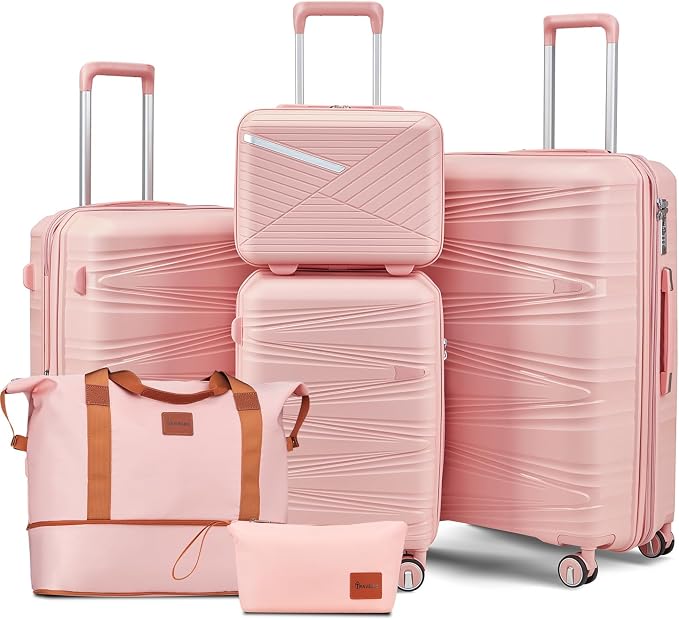 TRAVELEO 6 Piece Luggage Set PP Hardshell, Expandable Suitcase Set with Spinner Wheels (20/24/28), Includes 14" Cosmetic Case, Travel Duffel & Toiletry Bag, Lightweight TSA Lock Nested Set (Pink) by Unknown